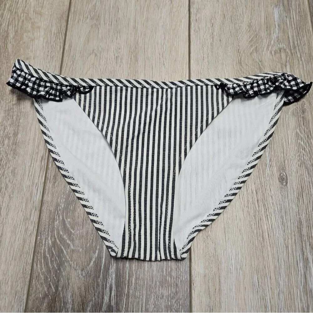 Aerie Seersucker Ruffle Bikini Bottom Black White Women's XXS Classic Old Money